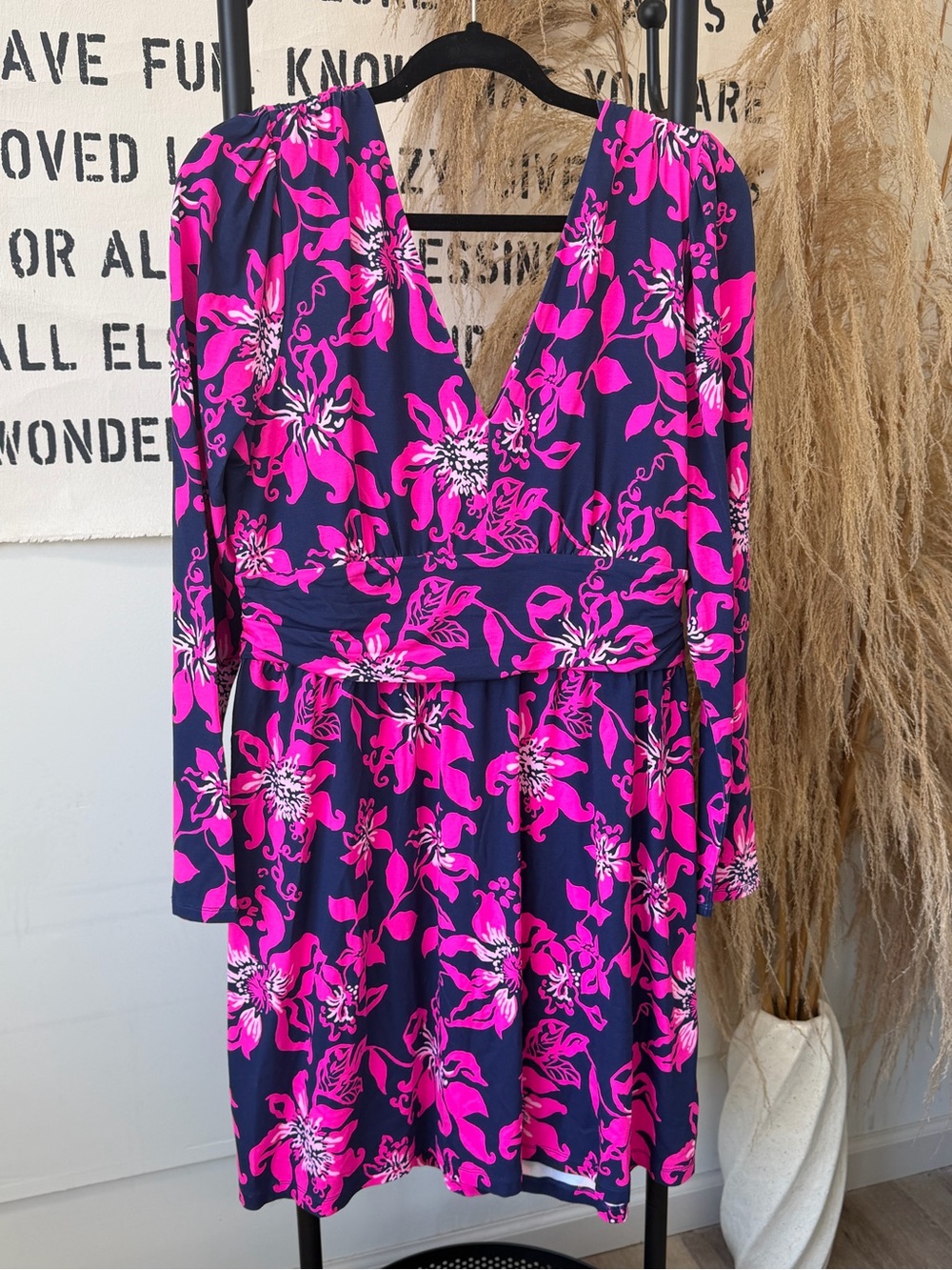 Lilly Pulitzer Navy with Hot Pink Floral V-Neck Long Sleeve Dress